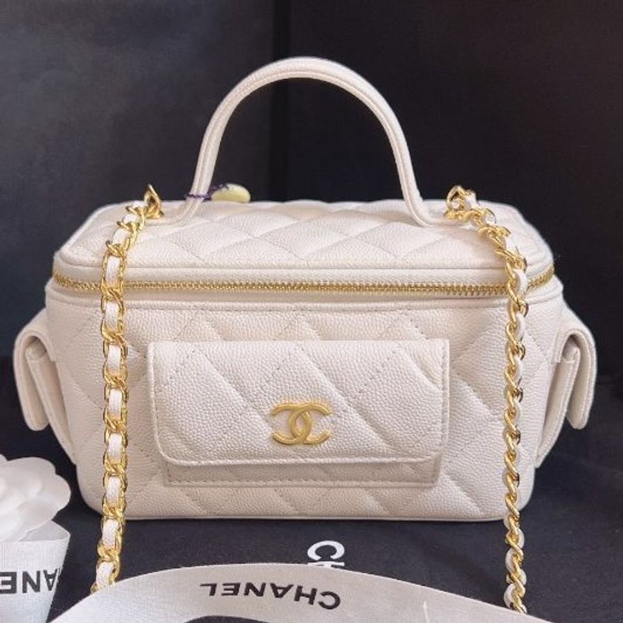 近新品 香奈兒/Chanel Cargo 白金荔枝牛皮化粧盒子 芯片款-0