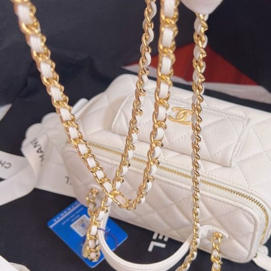 近新品 香奈兒/Chanel Cargo 白金荔枝牛皮化粧盒子 芯片款-9