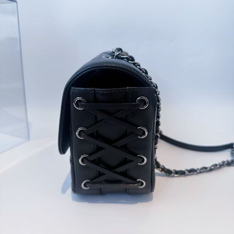 香奈兒/Chanel 黑銀牛皮綁帶CF鏈條肩背包-2