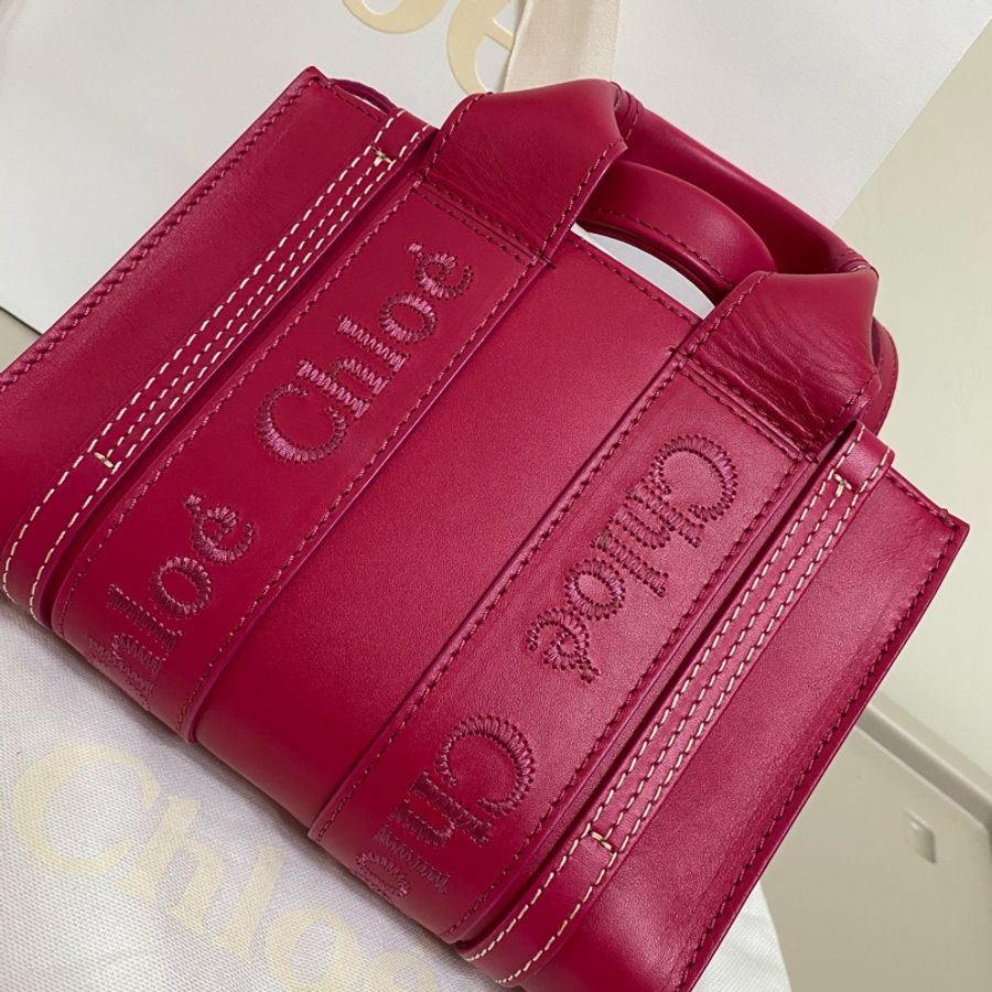 Chloe經典WOODY系列牛皮手提斜背MINI托特包(桃紅)-5