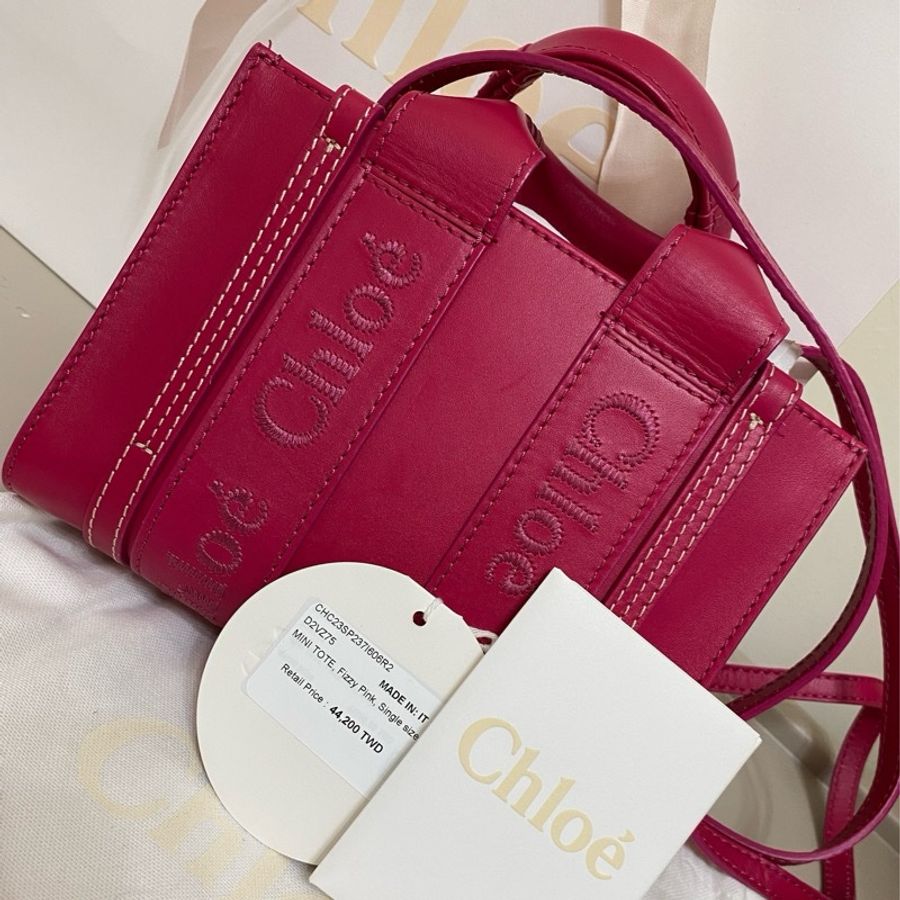 Chloe經典WOODY系列牛皮手提斜背MINI托特包(桃紅)-26