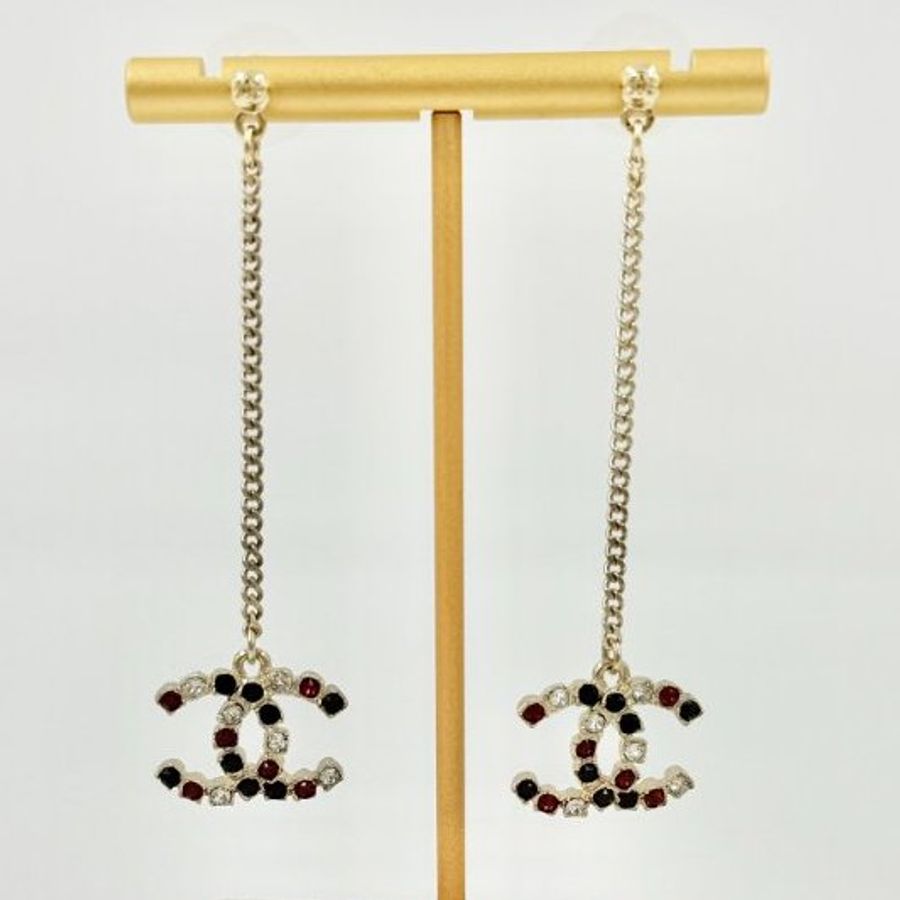 CHANEL - 金色三色拼鑽雙C垂墜式耳環-1