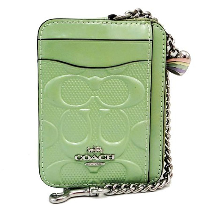 [全新] COACH  漆皮C LOGO卡片名片鏈帶零錢包(綠)-1