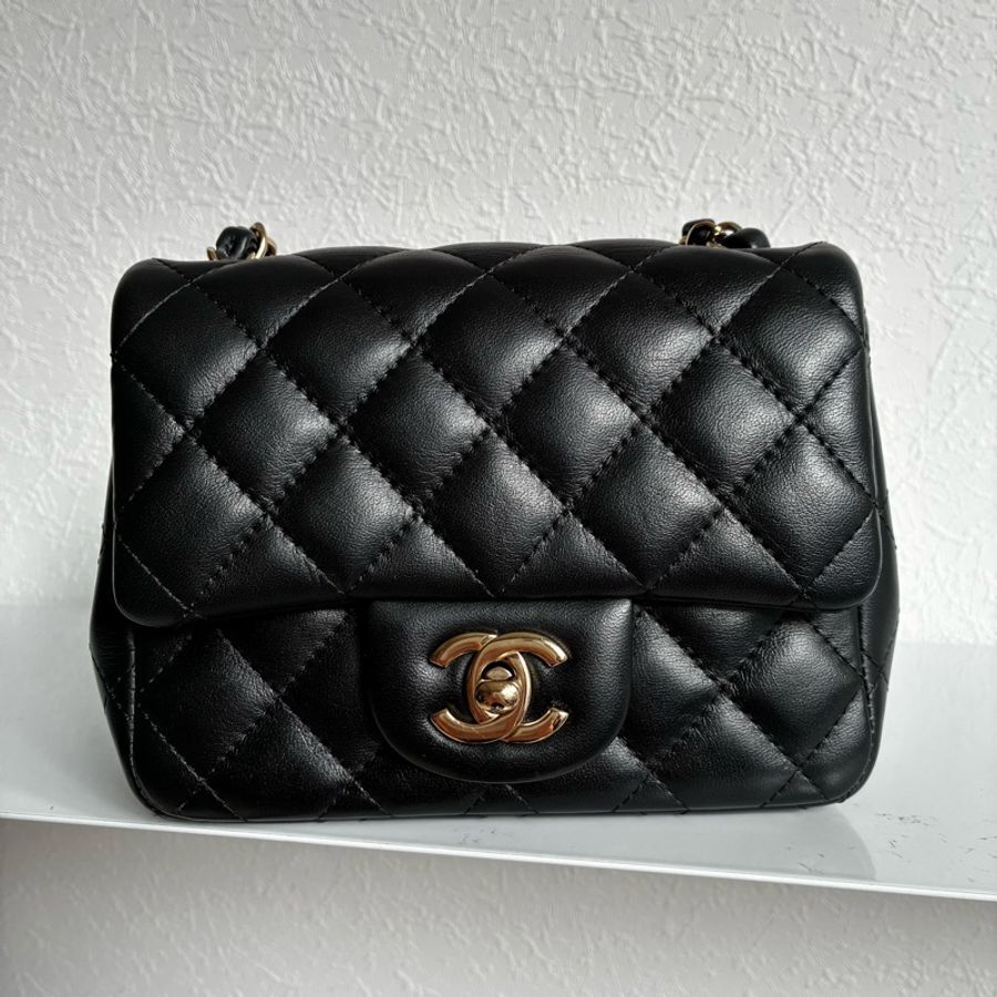 chanel A35200黑色羊皮菱格紋淡金雙C方胖子 17公分-5