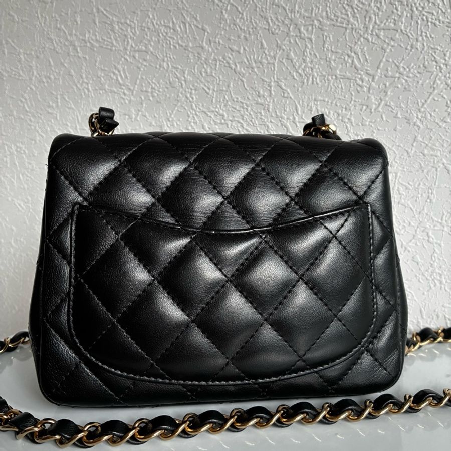 chanel A35200黑色羊皮菱格紋淡金雙C方胖子 17公分-6