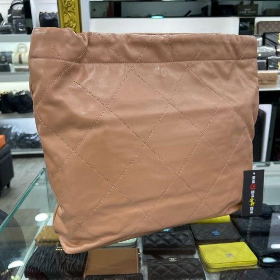 東區正精品㊣CHANEL 22 BAG AS3261 香奈兒粉棕色全皮字金幣金鍊肩背包購物袋包中款 RZ6212-7
