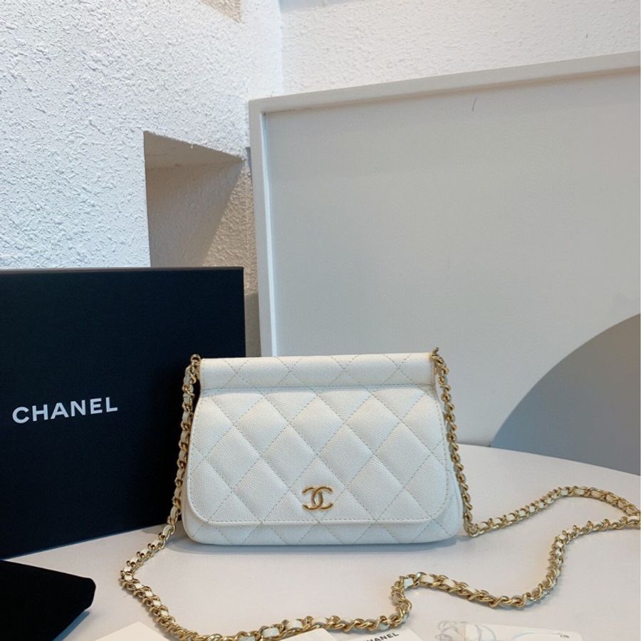【99%新✨大全套✨平台最低價】Chanel 22k白色貝殼包 22k 白色金扣 荔枝牛皮 貝殼包 鏈條包 芯片款-1