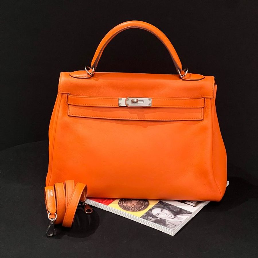 愛馬仕Hermes Kelly32 愛馬仕橙銀扣 ec皮 手提包-0