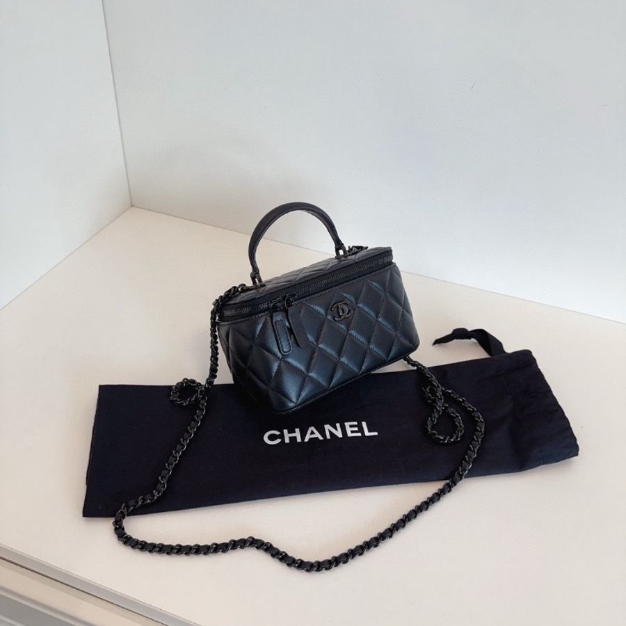 Chanel 芯片款 so black 黑色手提 化妝包 長盒子鏈條包 16*10*8 99新配件塵袋-5