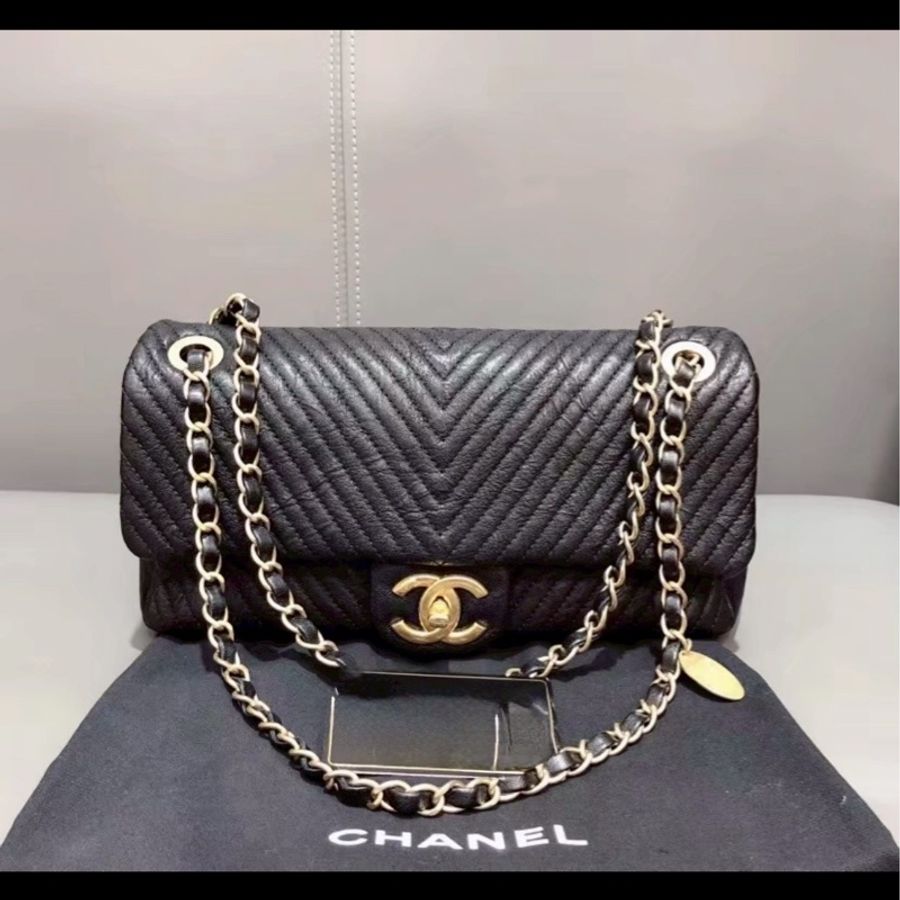 經典奢華👜 Chanel香奈兒黑金中號v紋cf鏈條單肩斜挎包-6