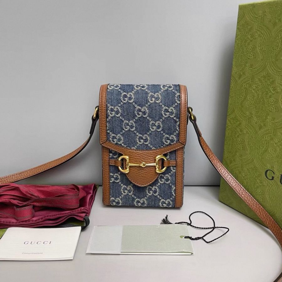 Gucci古馳馬銜扣1955丹寧焦糖色手機-0