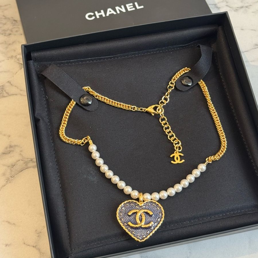 Chanel ABC710金/珍珠牛仔愛心項鏈-0