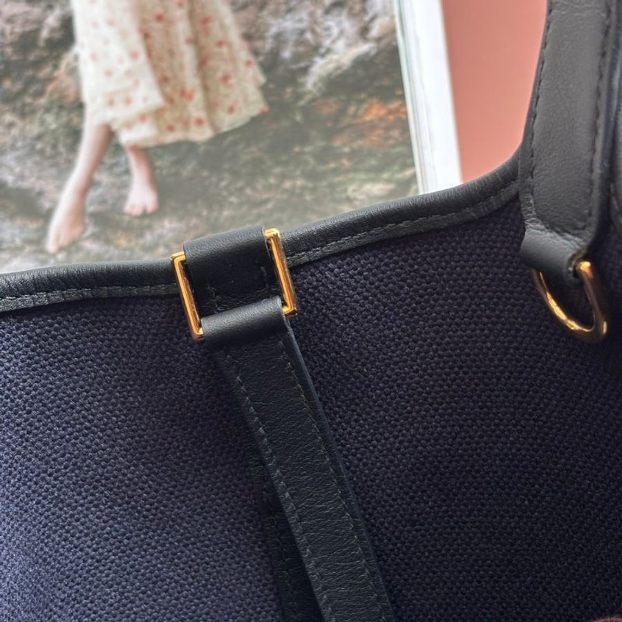 U刻 ::HERMES:: PICOTIN 18深藍色帆布 拼接皮革 金釦手提包 菜籃子-15