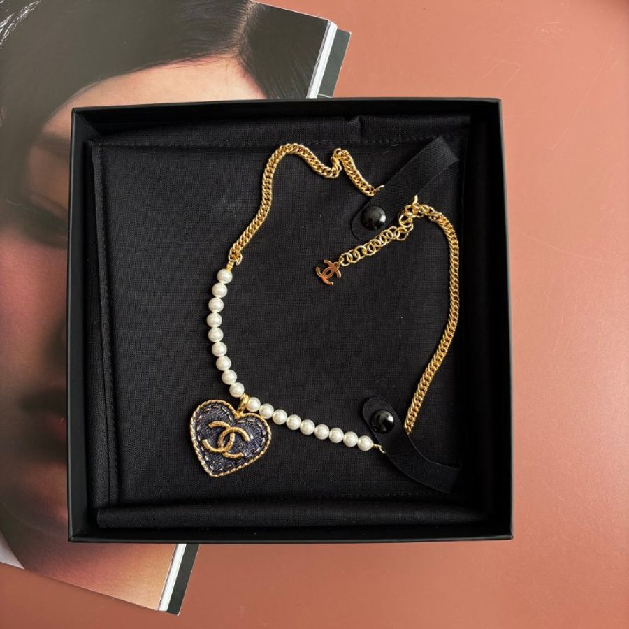 ::CHANEL:: ABC710 單寧金框愛心造型 珍珠配飾 金鍊頸鍊 短項鍊 短練 長鏈 長項鍊-5