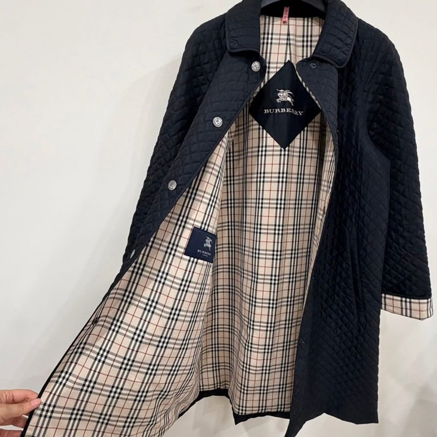 BURBERRY 倫敦 縫衍菱格紋長版外套黑色-7