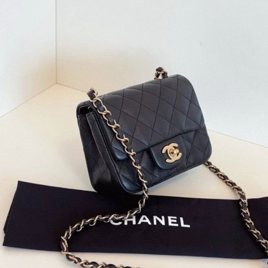 香奈兒/Chanel 黑金魚子醬CF荔枝皮菱格紋方胖子 鏈條包-2