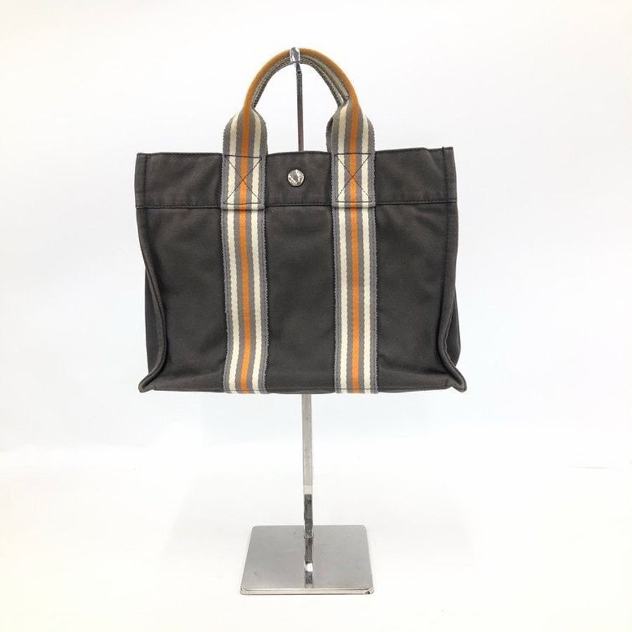 真品 愛馬仕 Hermès 托特包 Foul Tou PM 灰色帶橘白條紋 日本東京銀座限定-0