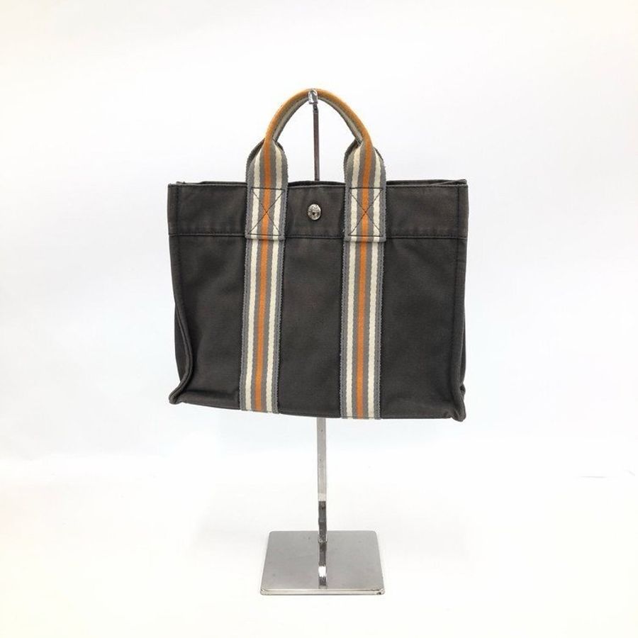 真品 愛馬仕 Hermès 托特包 Foul Tou PM 灰色帶橘白條紋 日本東京銀座限定-10