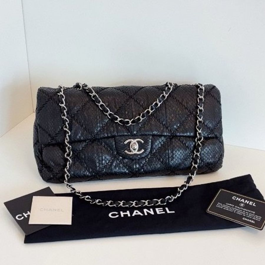 香奈兒/Chanel 黑銀蛇皮法棍CF 鏈條包-0