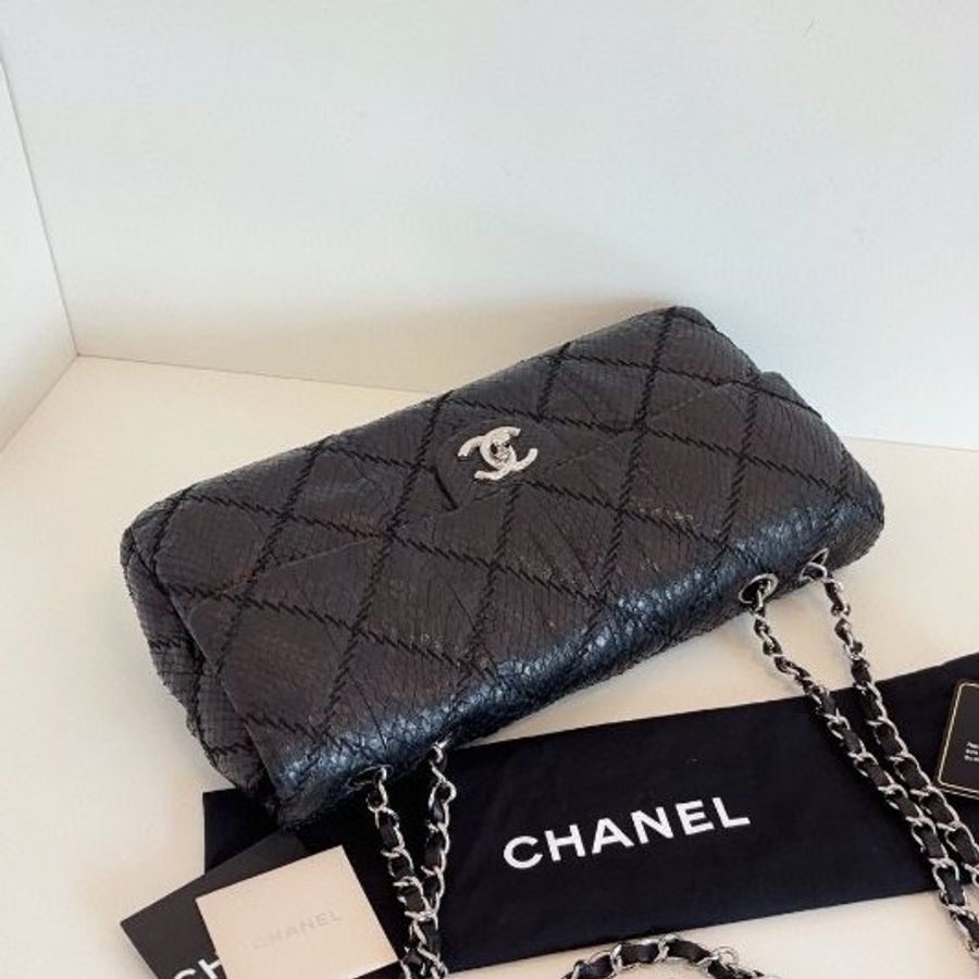 香奈兒/Chanel 黑銀蛇皮法棍CF 鏈條包-4