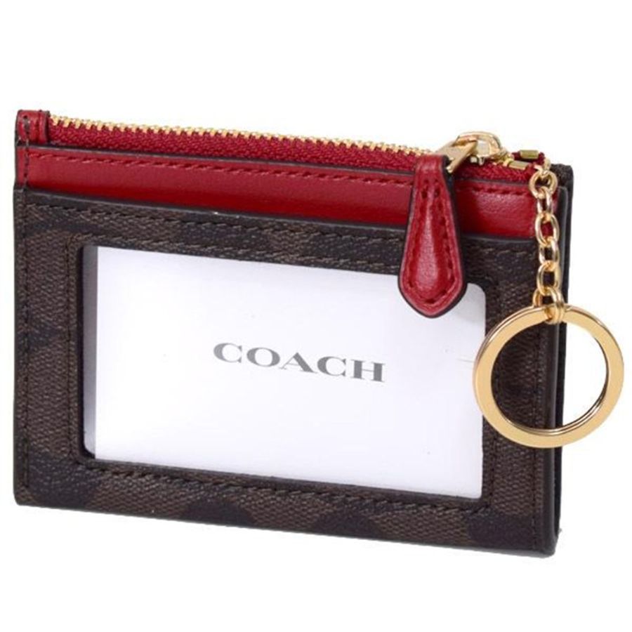 【COACH】滿版LOGO拼接皮革卡片零錢包-咖紅-1