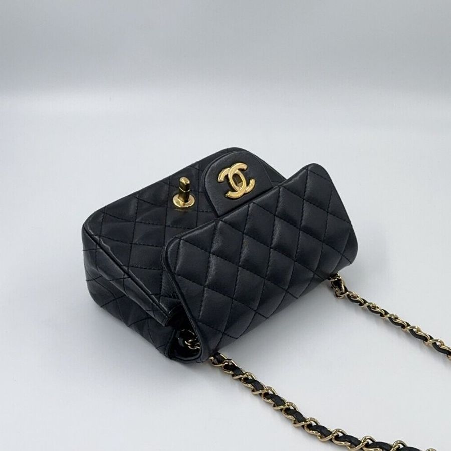 CHANEL黑色羊皮金鍊菱格方胖A35200-6