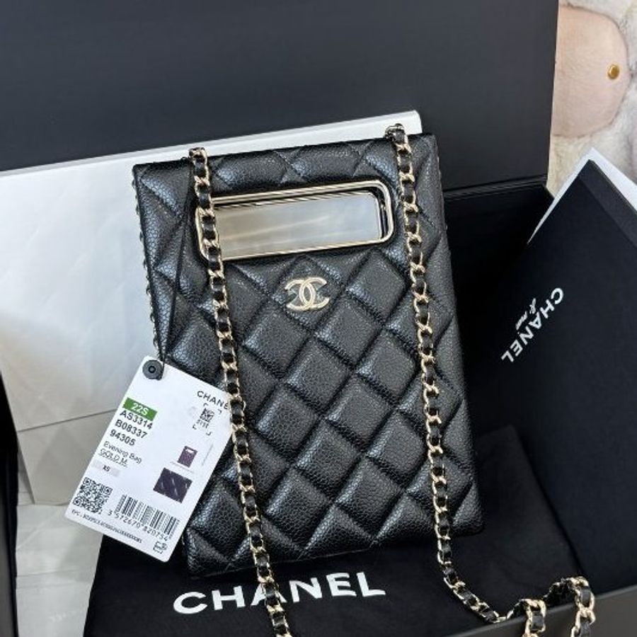 近新品 香奈兒/Chanel 黑金荔枝紋羊皮tote鏈條包 芯片款-5