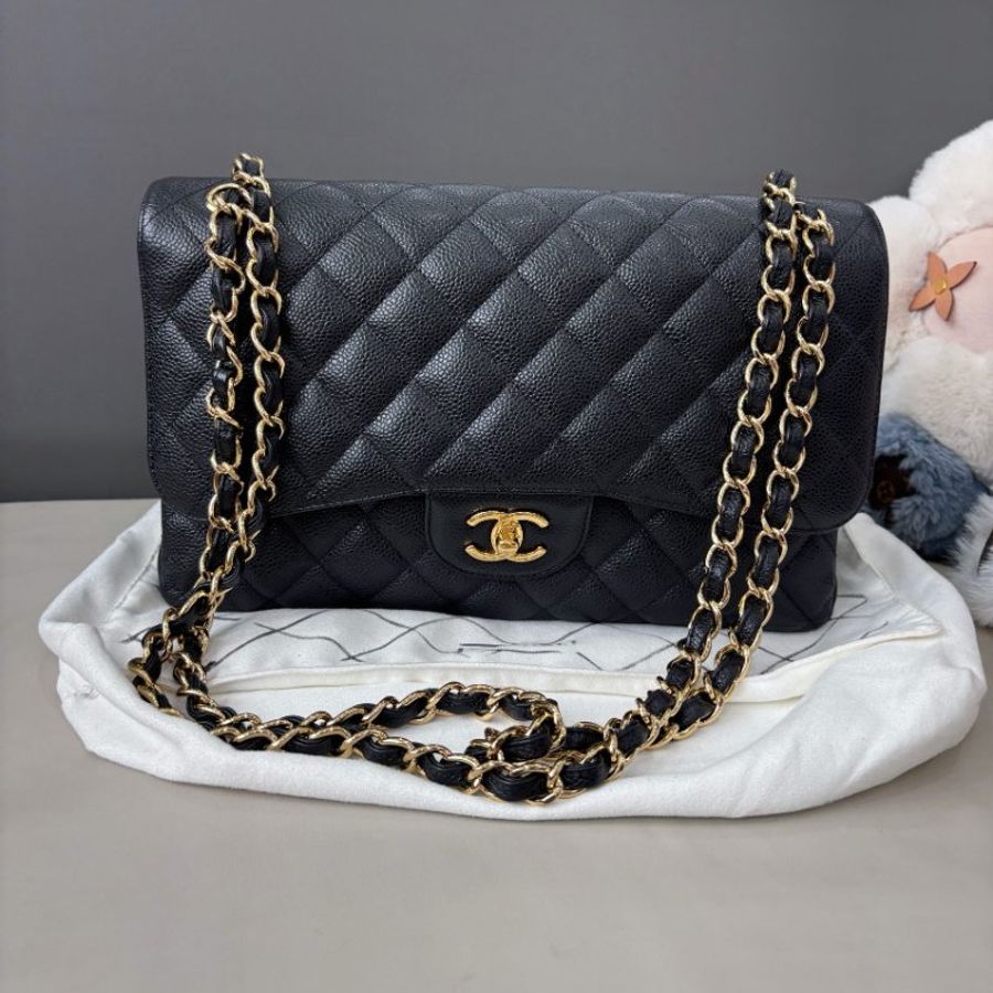 香奈兒/Chanel 黑金荔枝紋牛皮Jumbo鏈條包-5
