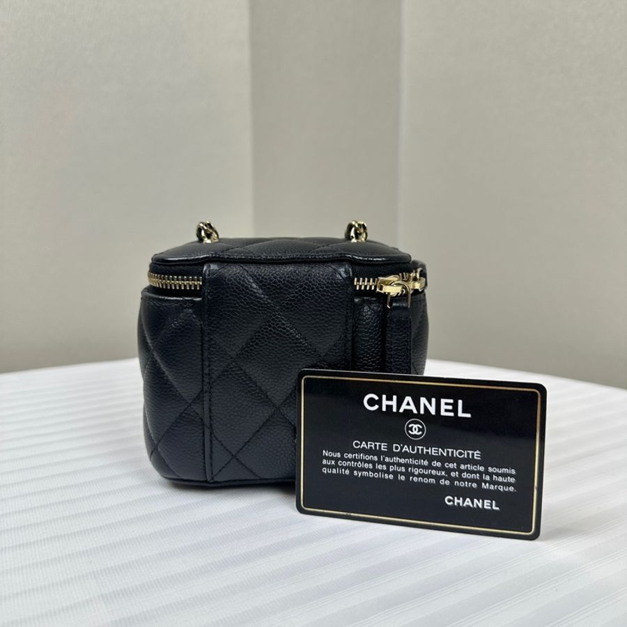 香奈兒/Chanel Small Vanity with Chain 經典小型金扣黑色牛皮 鍊帶盒子包化妝包斜背包10×7×9cm-1