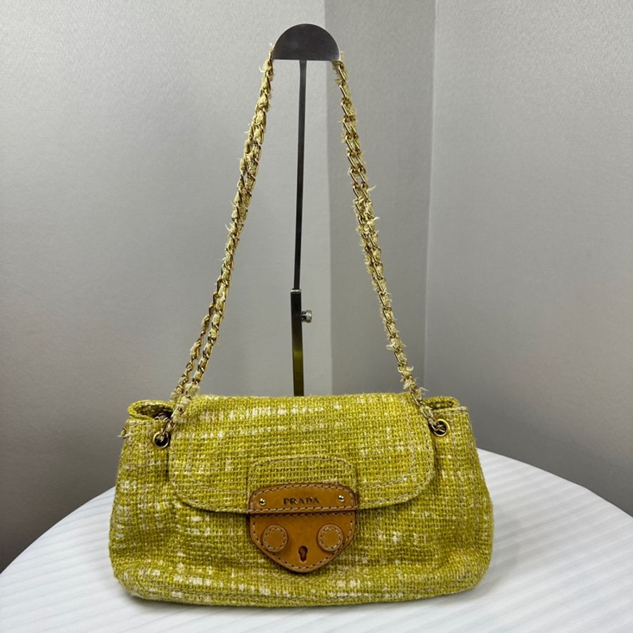 普拉達/Prada Senape Tela Tweed綠色粗花呢鏈條單肩包30x8x15cm-0