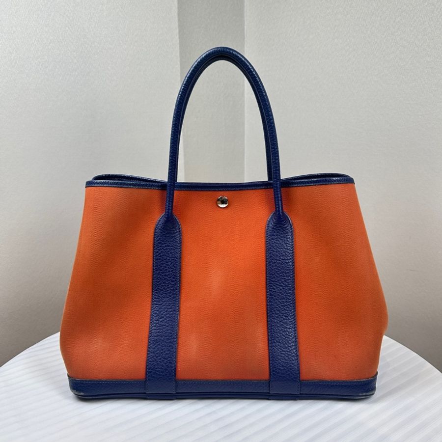 愛馬仕/Hermes Garden Party 36 橘色帆布拼藍色皮革單肩手提包 花園包36x17x26cm-0