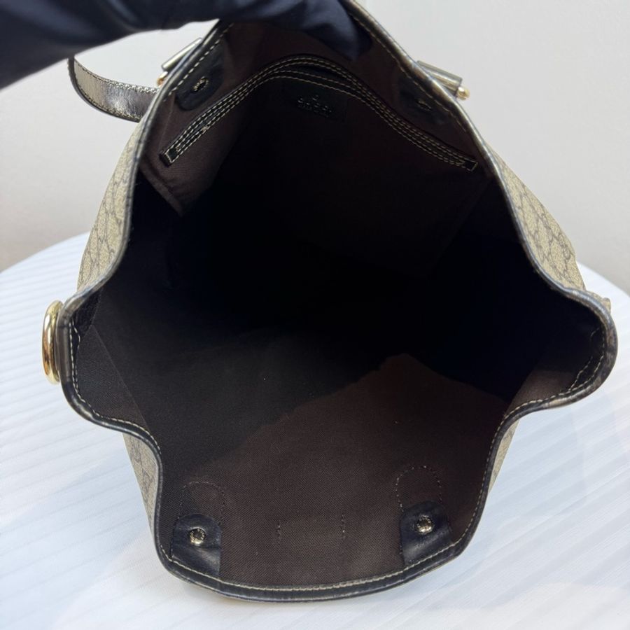 古馳/Gucci GG Supreme 托特包 黑色皮革包邊與提手 長28 高30 寬12-7