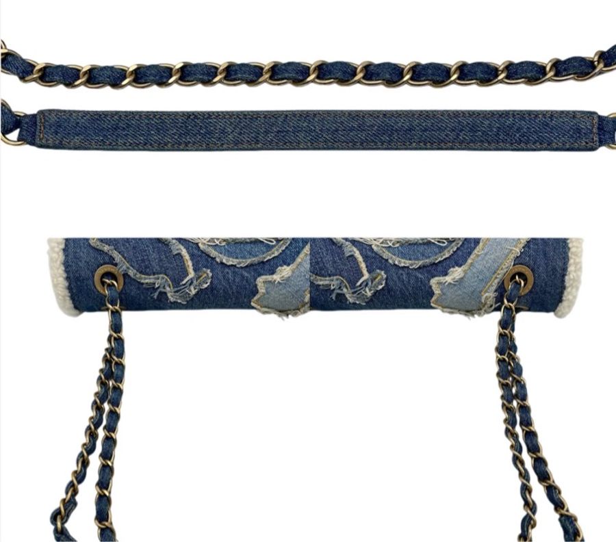 「JL精品代購」 98新 Chanel走秀款羊羔毛牛仔埃及楔形文字刺繡系列CF雙鏈條翻蓋包-8