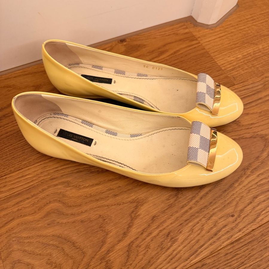 LV Louis Vuitton 黃色漆皮芭蕾平底鞋 EU39.5|棋盤格蝴蝶結|義大利製|二手正品-4