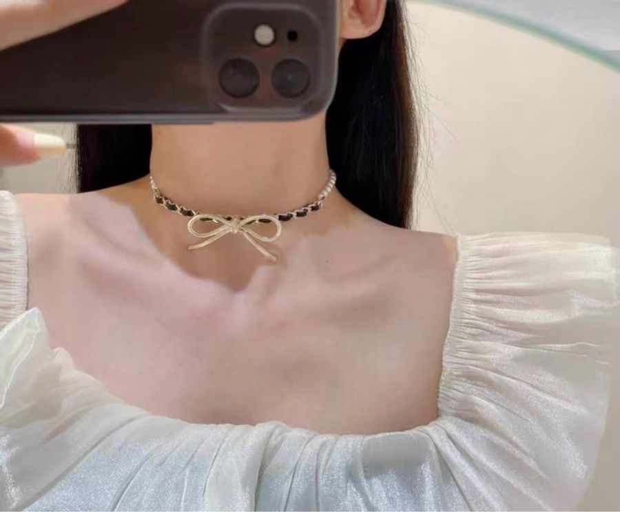 【99.9新✨ 全網最低價!】稀有 CHANEL 香奈兒 22年款 金屬蝴蝶結珍珠拼接 choker 項鍊(原價$12000港幣)-2