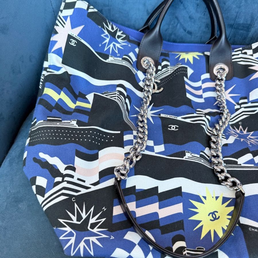 Chanel✨2019C 牛仔布郵輪塗鴉沙灘包購物包托特包 27開-3