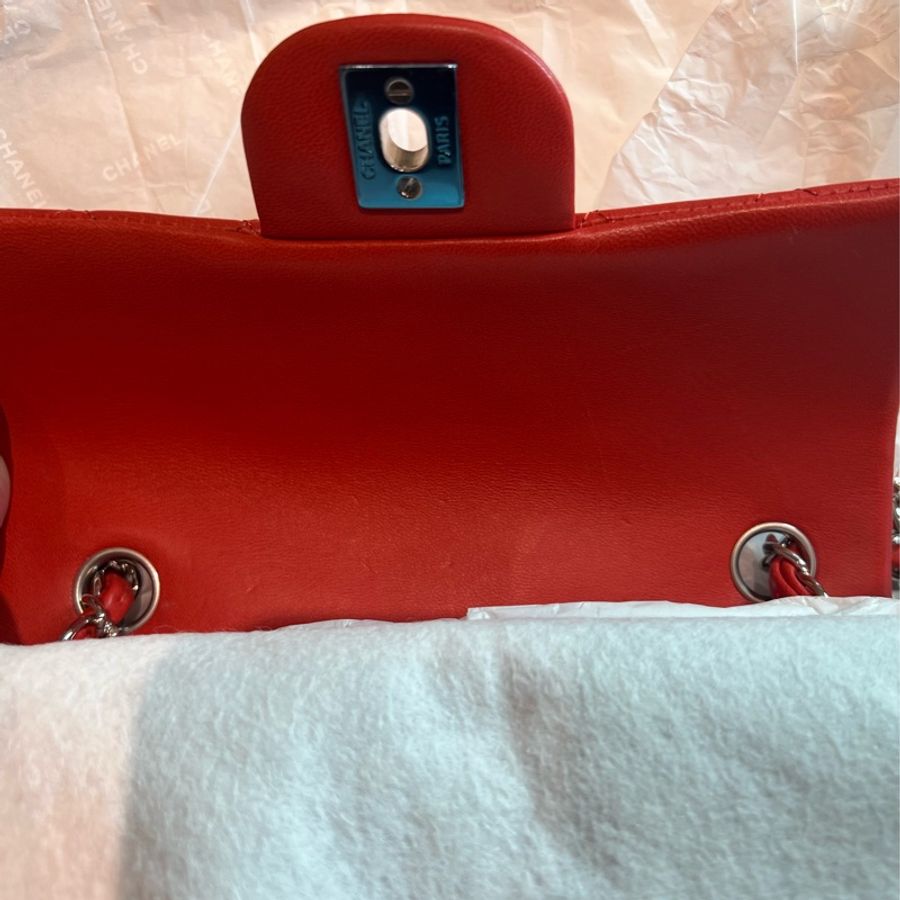 Chanel 經典 Mini Rectangular 20cm 小羊皮亮橙紅銀鍊 (20系列/保卡雷標齊全/羊皮飽滿)-19