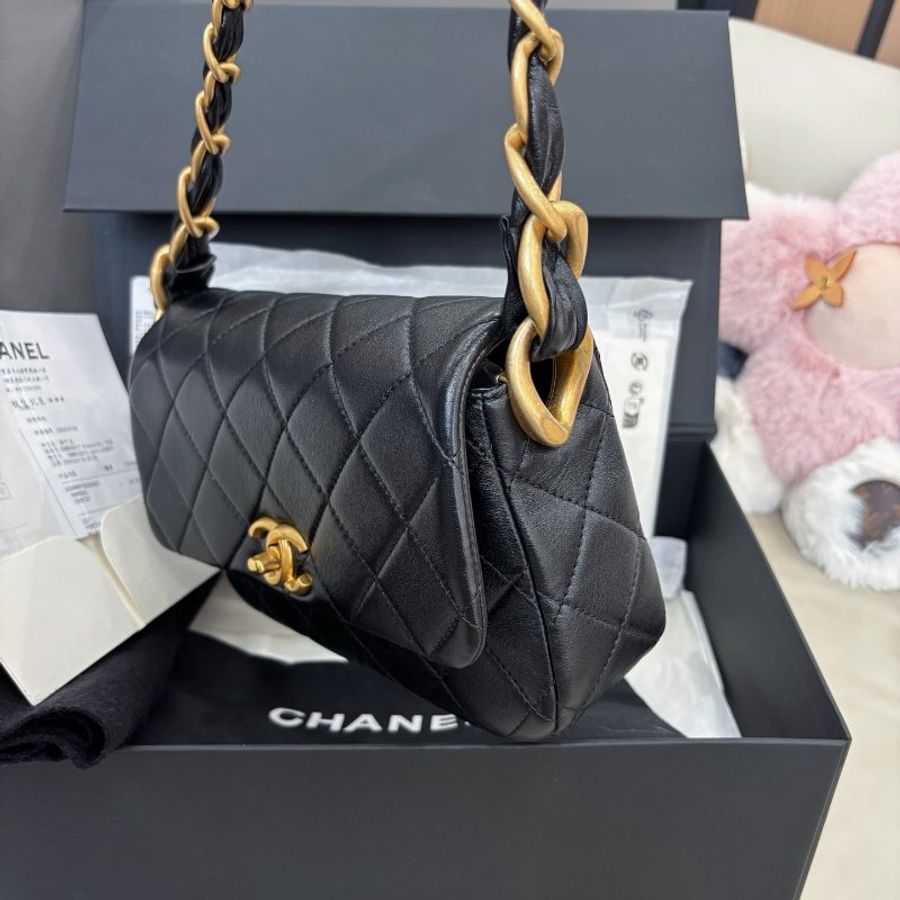 閒置新 香奈兒/Chanel 黑金羊皮菱格紋腋下包粗鏈條 芯片款-3