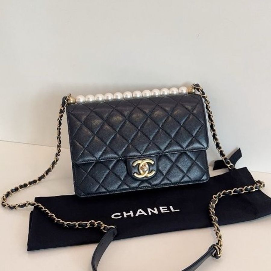 香奈兒/Chanel 經典黑金橫版Flap Bag CF 珍珠菱格紋鏈條包-5