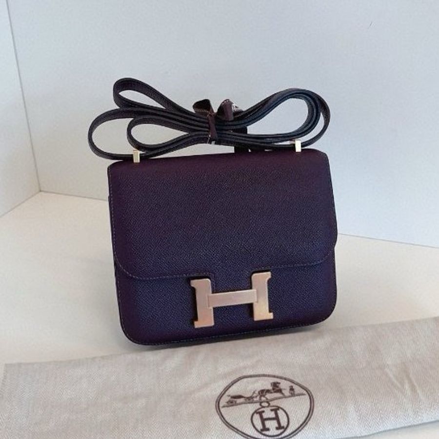 近新品 Hermes愛馬仕 Constance19 Mini 葡萄紫金扣肩背包 E皮-5