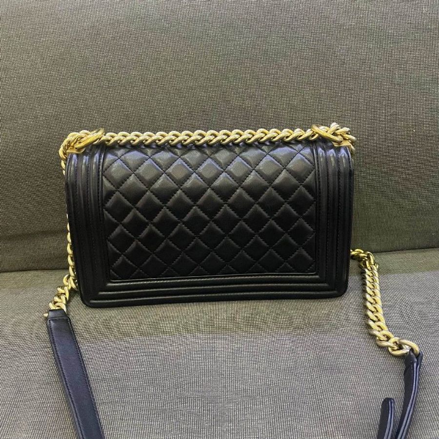 香奈兒/Chanel Leboy 黑金羊皮中號菱格紋鏈條包-7