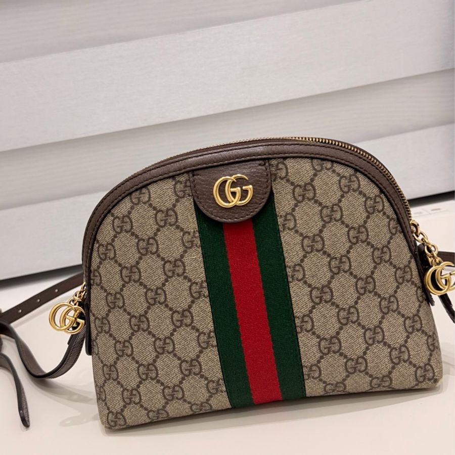 GUCCI 古馳 經典GG帆布印花拉鍊側肩包/斜背包/貝殼包-0