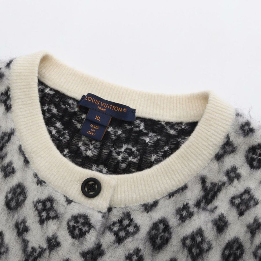 路易威登 Monogram 羊毛尼龍馬海毛混紡拉絨開襟羊毛衫,米色、黑色、灰色,二手-8