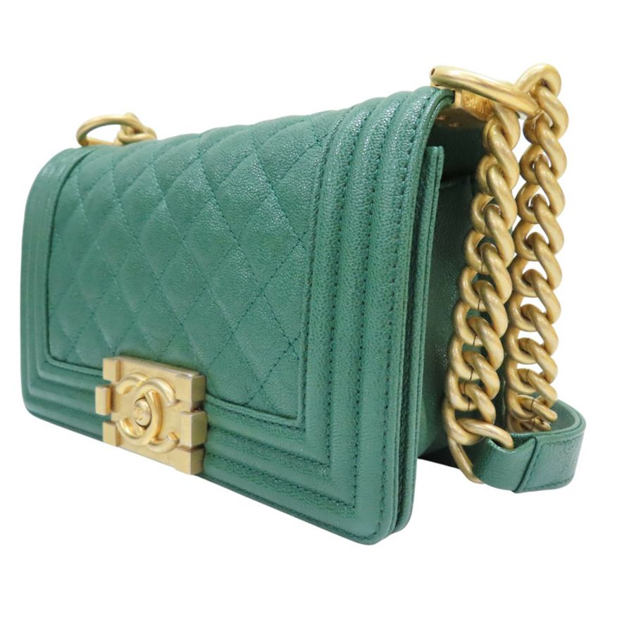綠色 菱格紋 荔枝牛皮 Boy 20 鍊帶 肩背包 金釦【CHANEL 香奈兒】 A67085-2