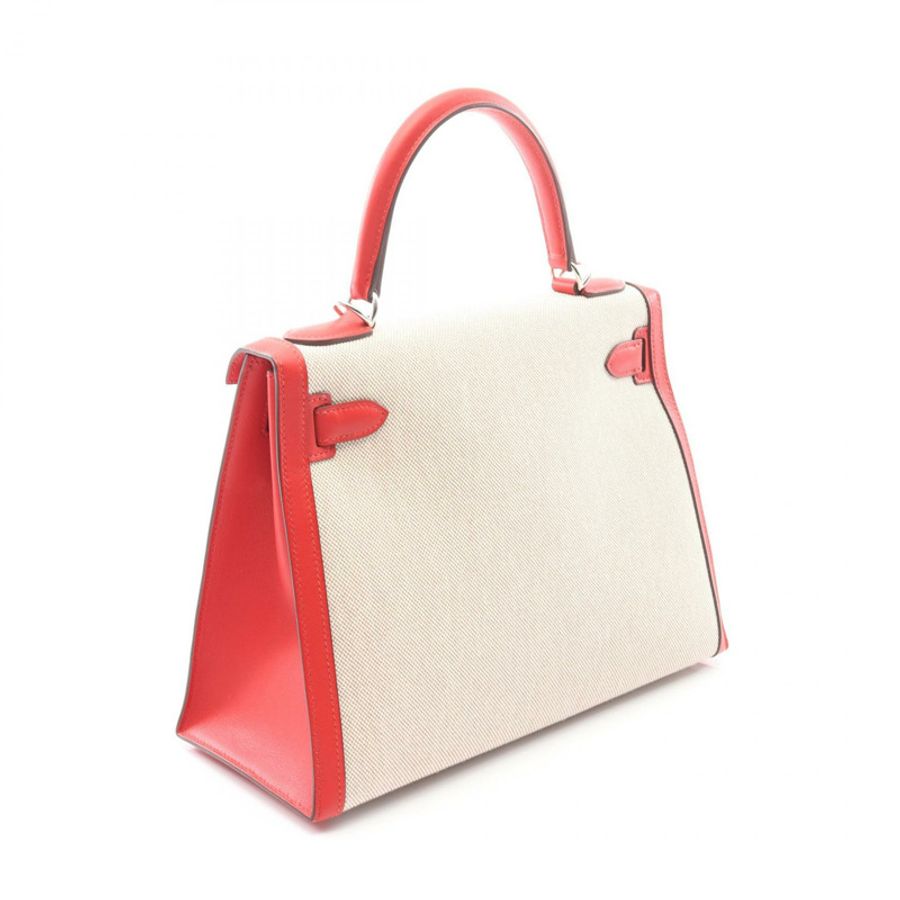 愛馬仕 Kelly 28 單肩手提包 D Toile H 帆布 Swift 米白色 rouge coeur SHW-1