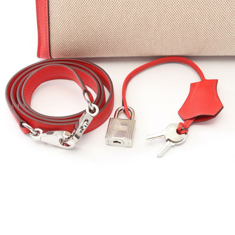 愛馬仕 Kelly 28 單肩手提包 D Toile H 帆布 Swift 米白色 rouge coeur SHW-5