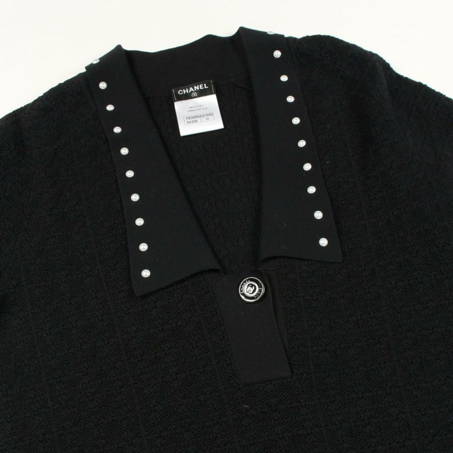 香奈兒 (CHANEL) CC Logo 紐帶珍珠連身裙 P53686K07000 棉尼龍黑 #36 二手女裝-6