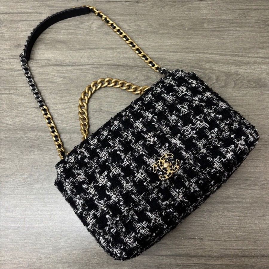 CHANEL 19bagmaxi黑白 千鳥格毛呢手提肩背斜背包37*24*12 9新配件塵袋-2