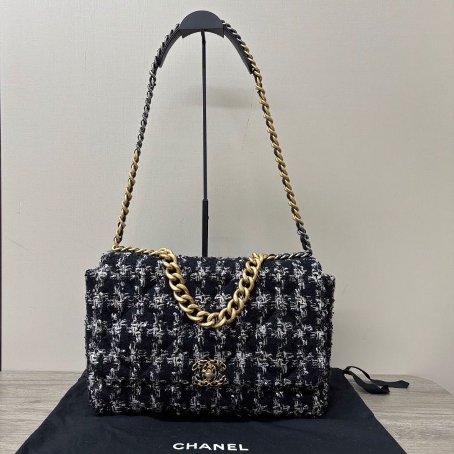 CHANEL 19bagmaxi黑白 千鳥格毛呢手提肩背斜背包37*24*12 9新配件塵袋-6