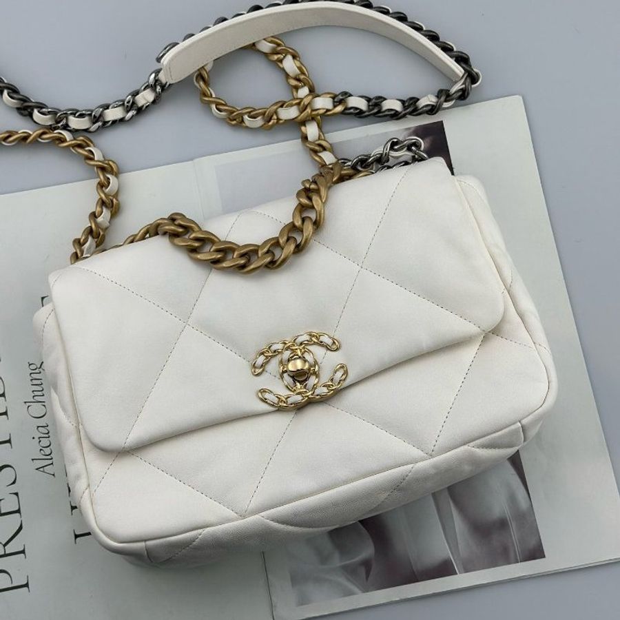芯片款 香奈兒/Chanel 19bag白色金扣菱格紋小號鏈條包-6